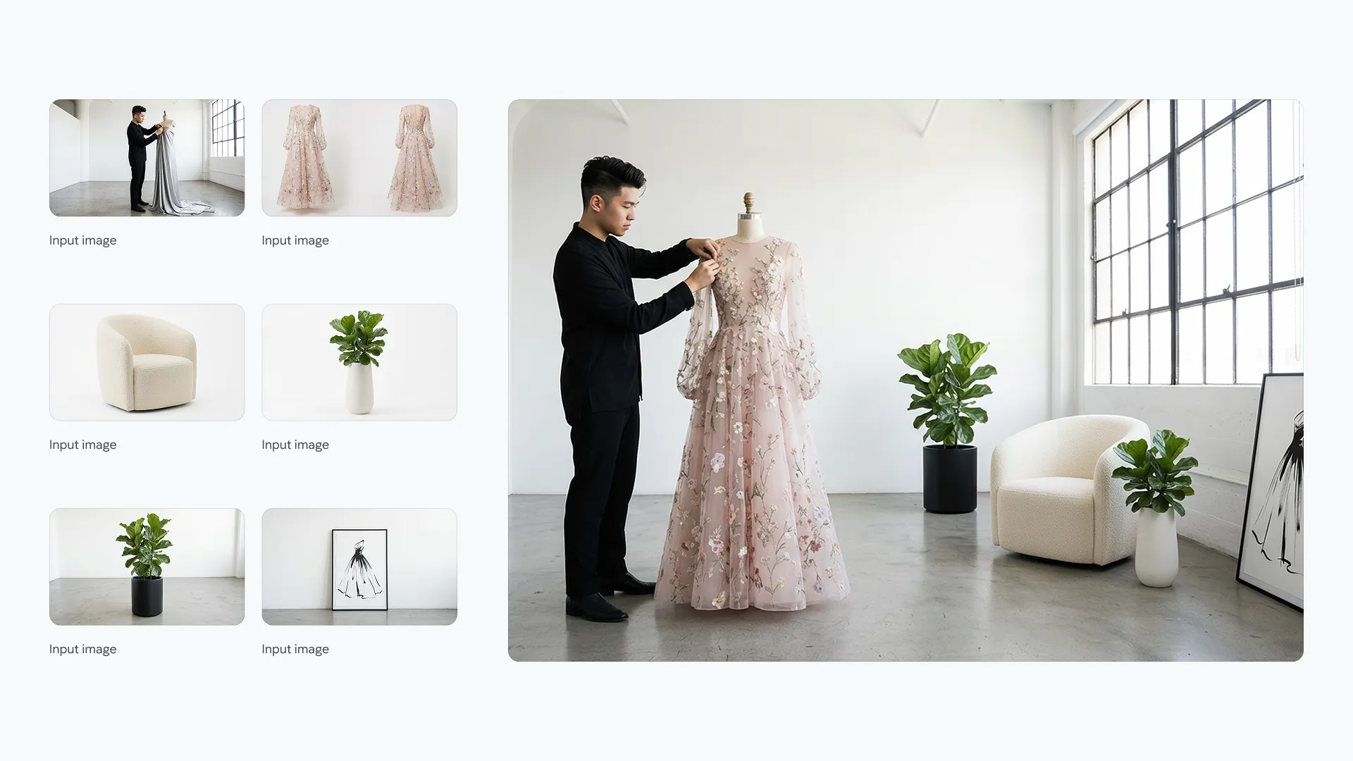 Combine these images into one appropriately arranged cinematic image in 16:9 format and change the dress on the mannequin to the dress in the image
