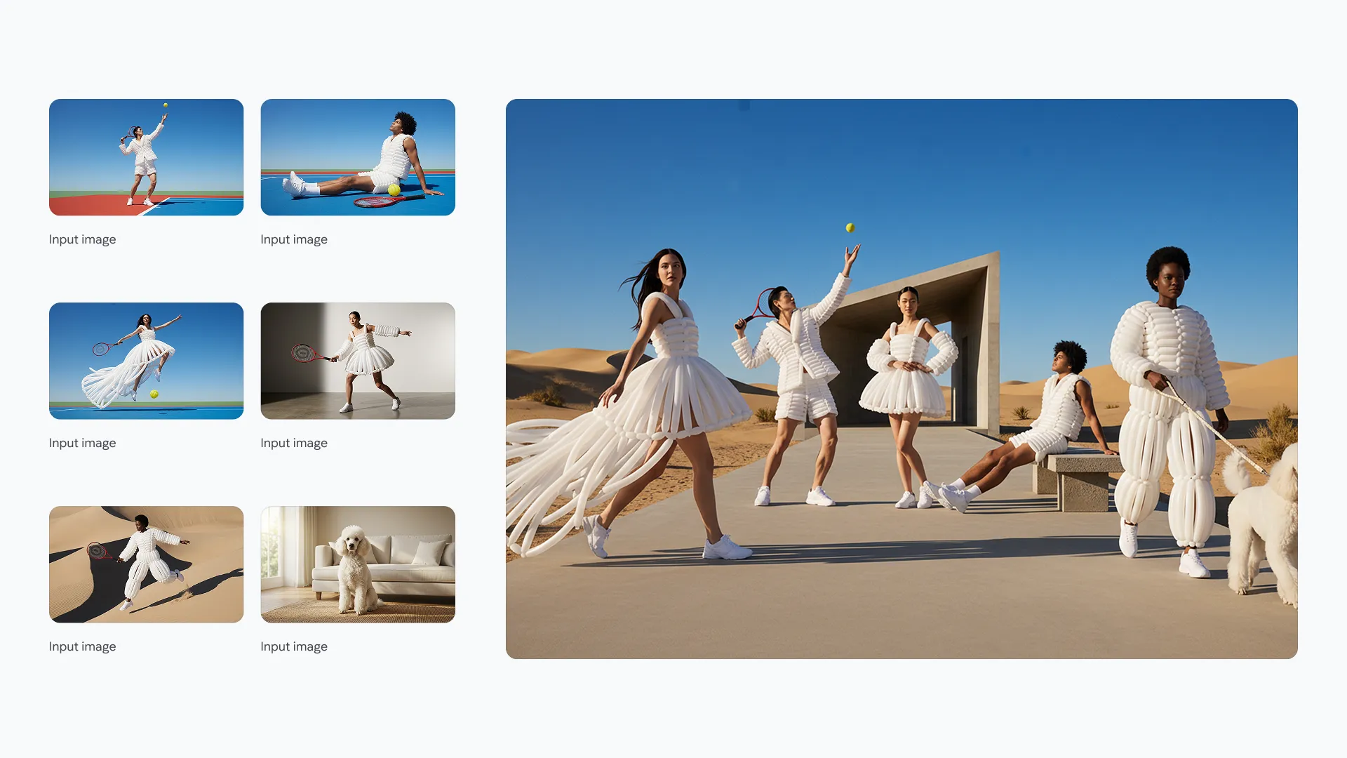 Put these six people into a single image, they should fit into a stunning award-winning shot in the style of a fashion editorial. the identity of all six people and their attire must stay consistent throughout but they can and should be seen from different angles and distances in as is most natural and suitable to the scene