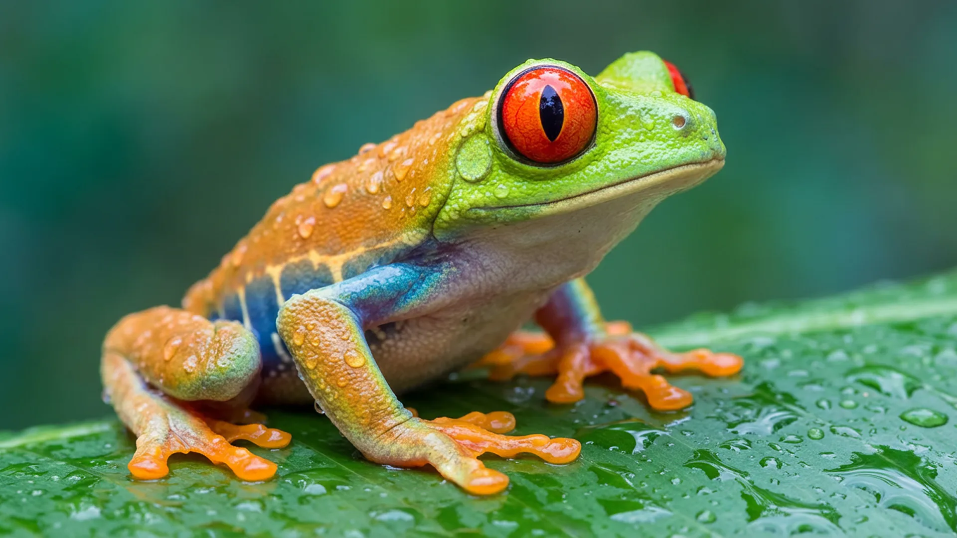 This is a stunning close-up photograph of a red-eyed tree frog, capturing its vibrant colors and intricate details with remarkable clarity. The frog is positioned on a large, dewy green leaf, its body angled slightly away from the viewer but its head turned to face us. Its most striking feature is its large, bulging red eye with a vertical black pupil, which seems to gaze intently. The frog's skin is a beautiful tapestry of colors: its head and the upper part of its back are a bright, almost lime green, transitioning into a striking orange on its lower back and legs. A band of iridescent blue runs along its side, separating the green from its pale, almost translucent underbelly. The entire surface of the frog and the leaf it rests on are covered in glistening water droplets, which catch the light and add a sense of freshness and life to the scene. The background is a soft, out-of-focus blend of green and teal, which makes the brightly colored frog stand out even more. The photograph is so detailed that you can see the texture of the frog's skin and the tiny suction pads on its orange feet. The overall effect is one of vibrant life and natural beauty, captured in a moment of quiet stillness.