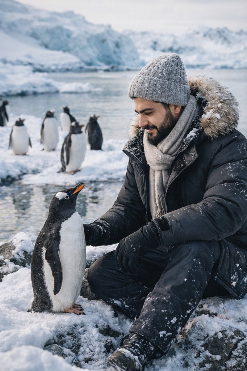 Ultra Realistischer Junger Mann mit Pinguinen im Eisigen Habitat