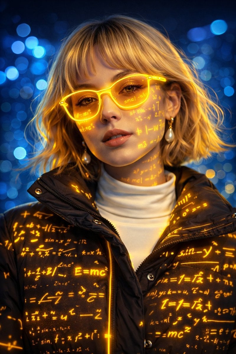 Futuristisches Cyber Porträt Frau Neon Gelbe Brille Math Gleichungen