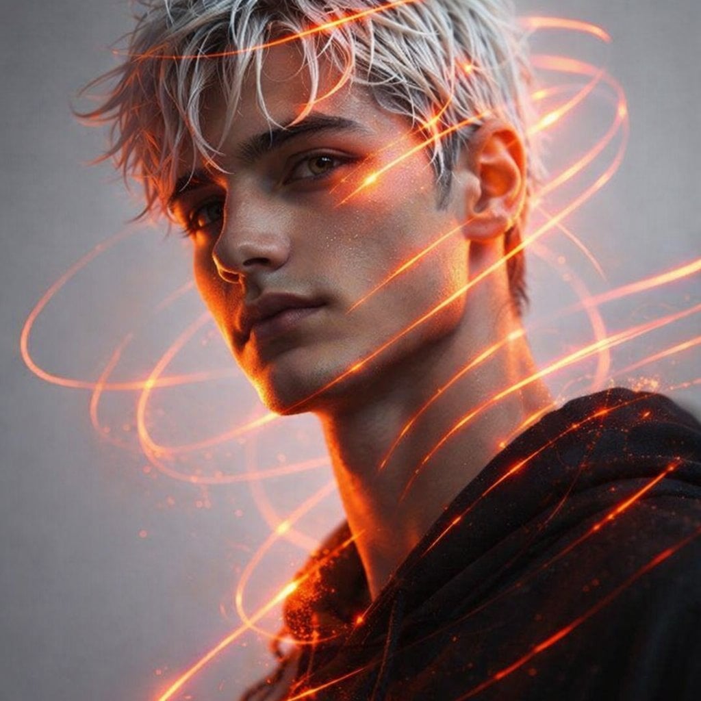 Futuristisches Porträt junger Mann mit weißem Haar und Orangeglow