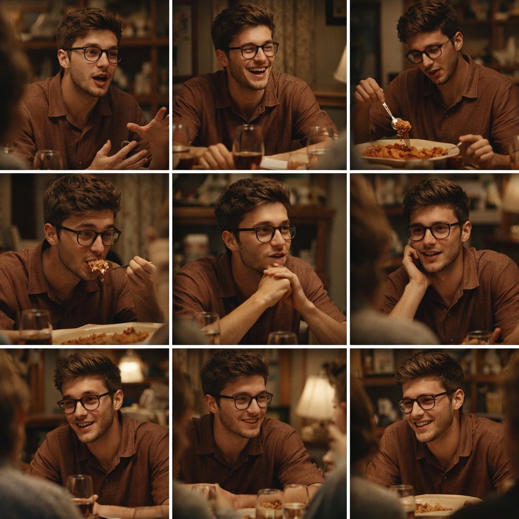 Storyboard cinemático 3x3 de un joven en la cena familiar