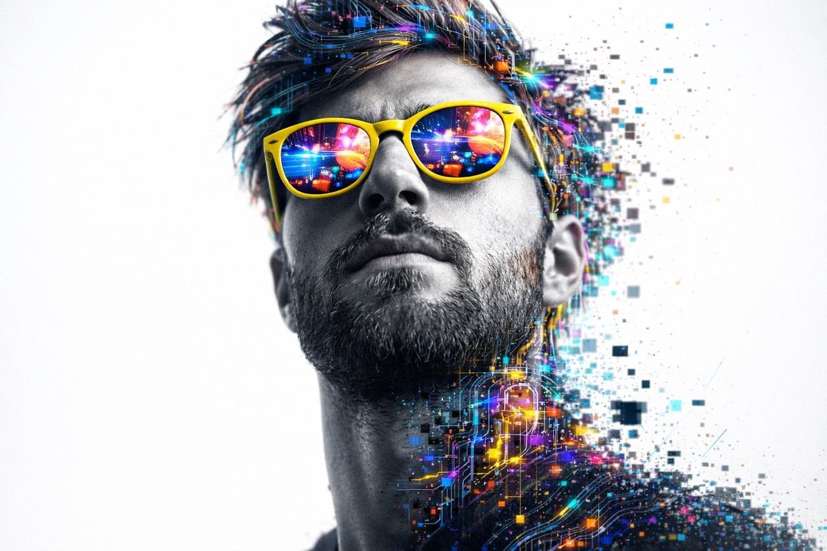 Hiperrealistyczny Portret Cyber Glitch 8K z Żółtymi Okularami
