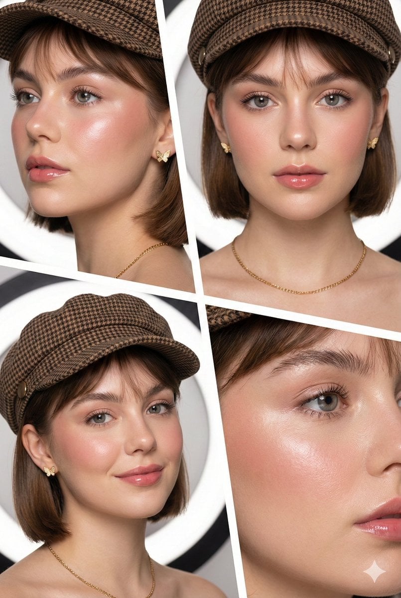 Collage Éditorial Beauté Peau de Verre K-Beauty 4 Panneaux Casquette Newsboy