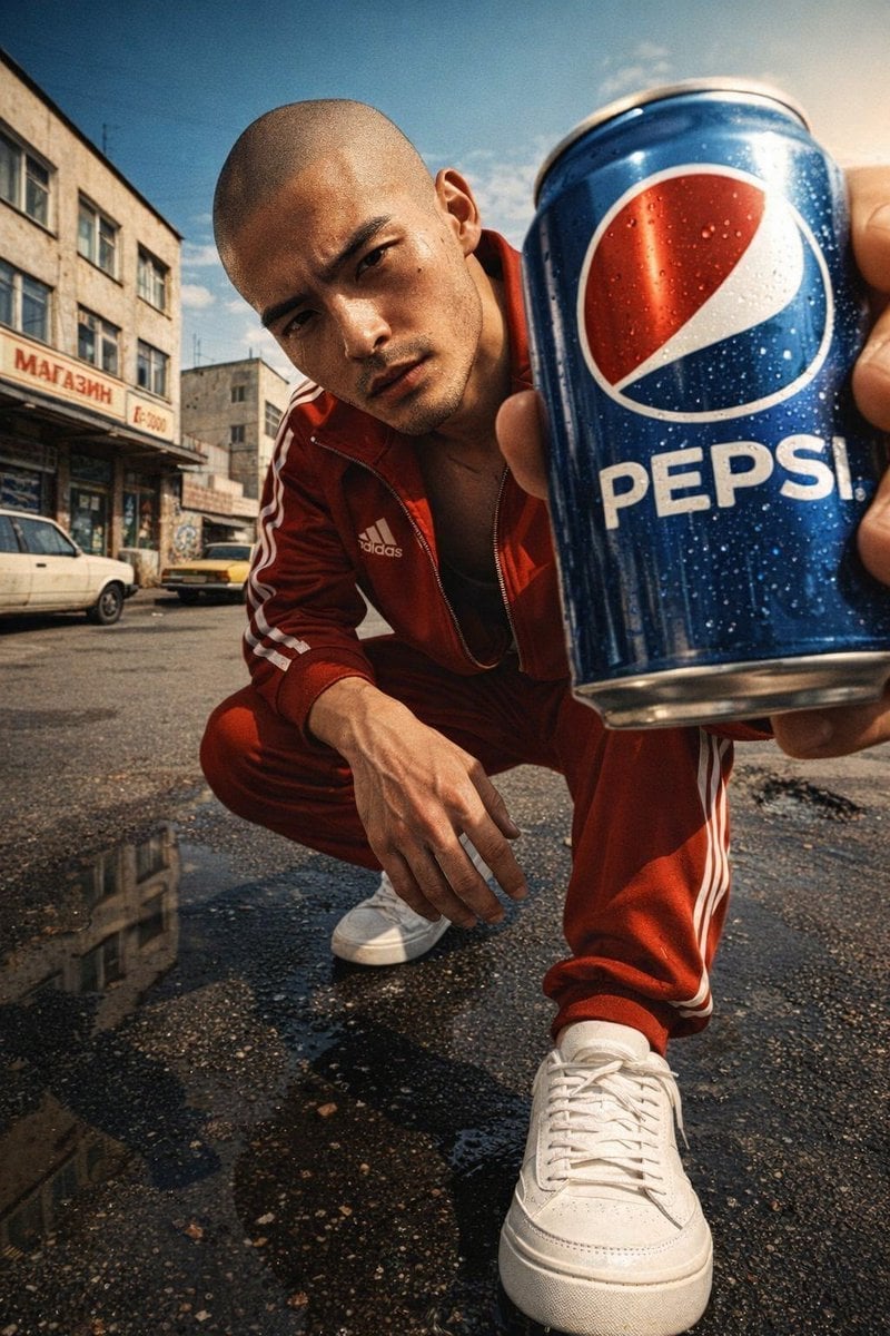 Retrato en ángulo bajo de modelo calvo con lata de Pepsi en calle URSS de los 90