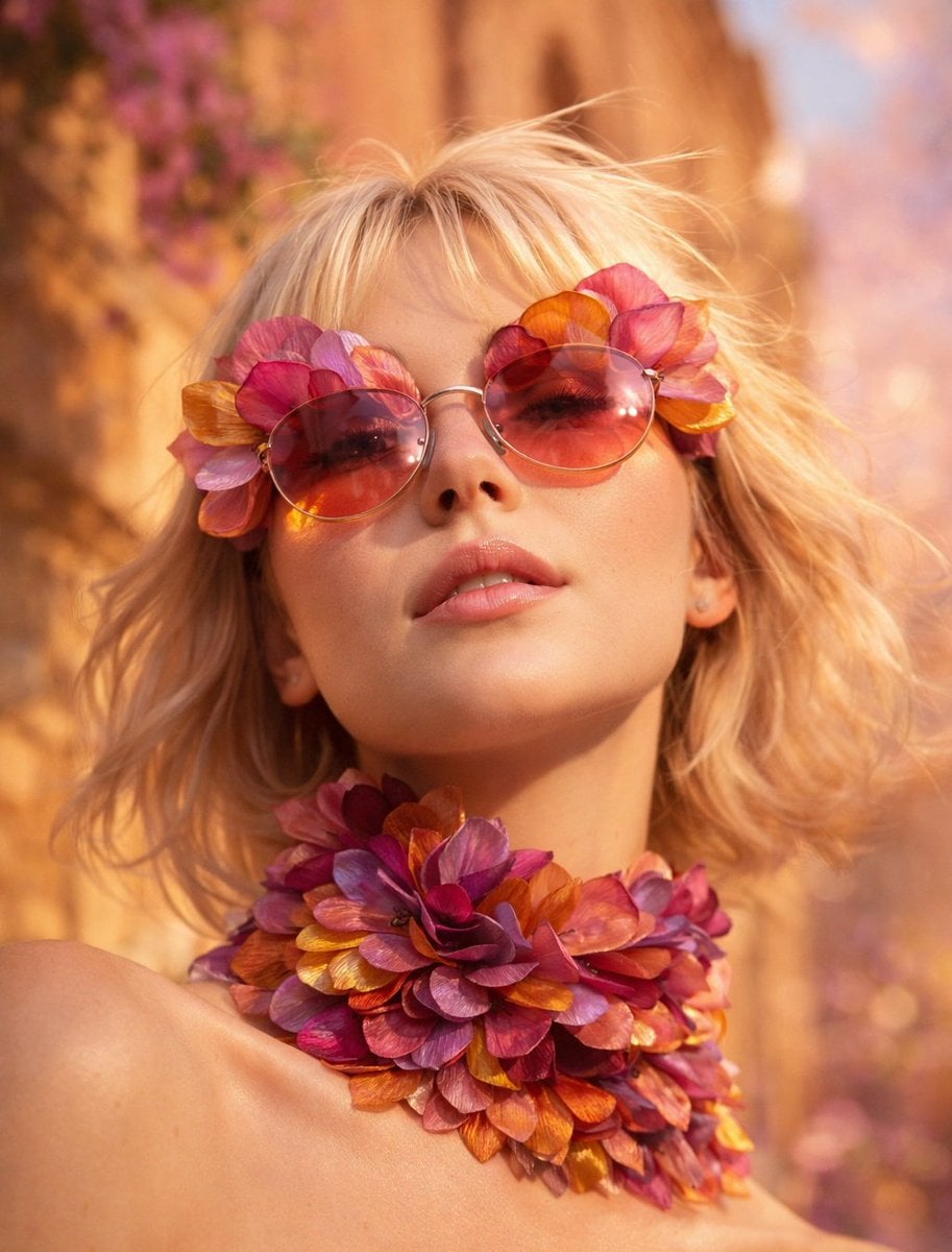 Platinum Blonde in Flower Petal Sunglasses and Couture Choker