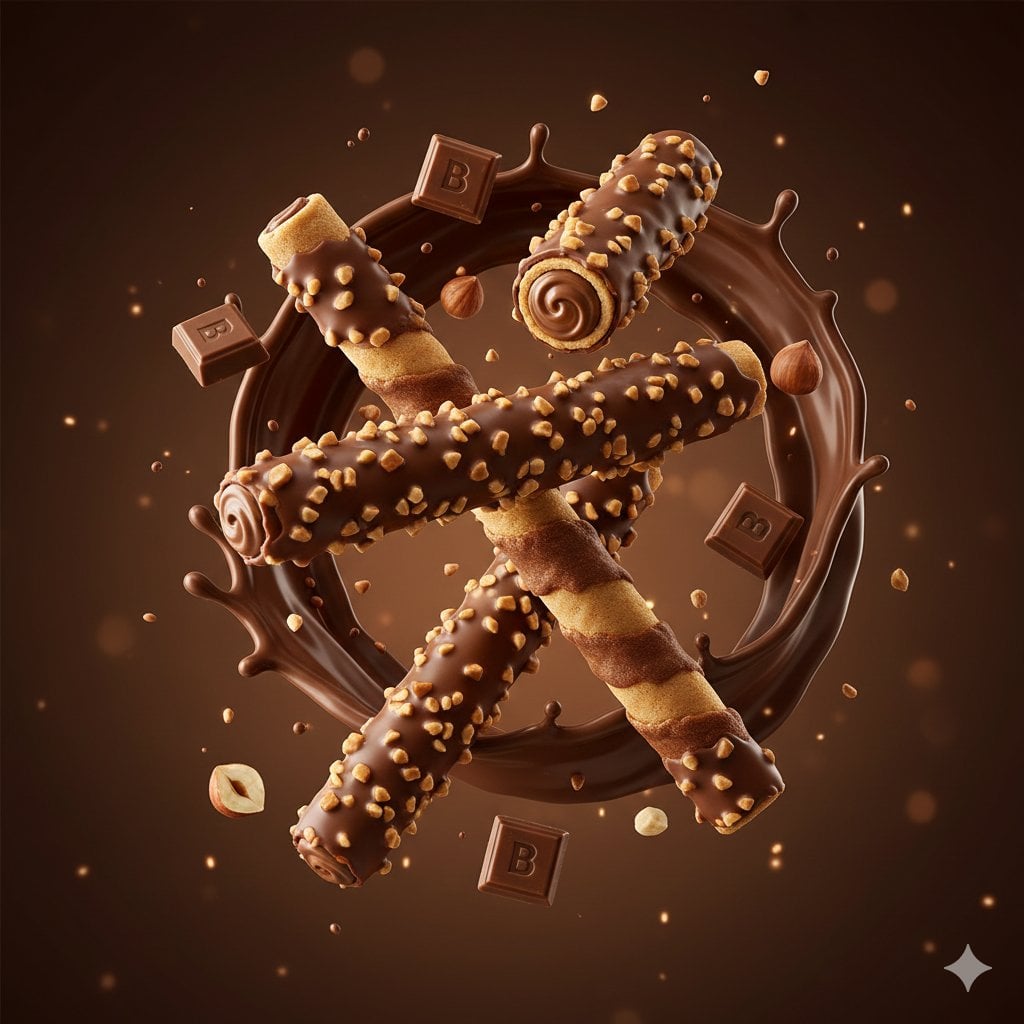 Hyperrealistische Milchschokoladen-Waffelrollen in der Schwerelosigkeit