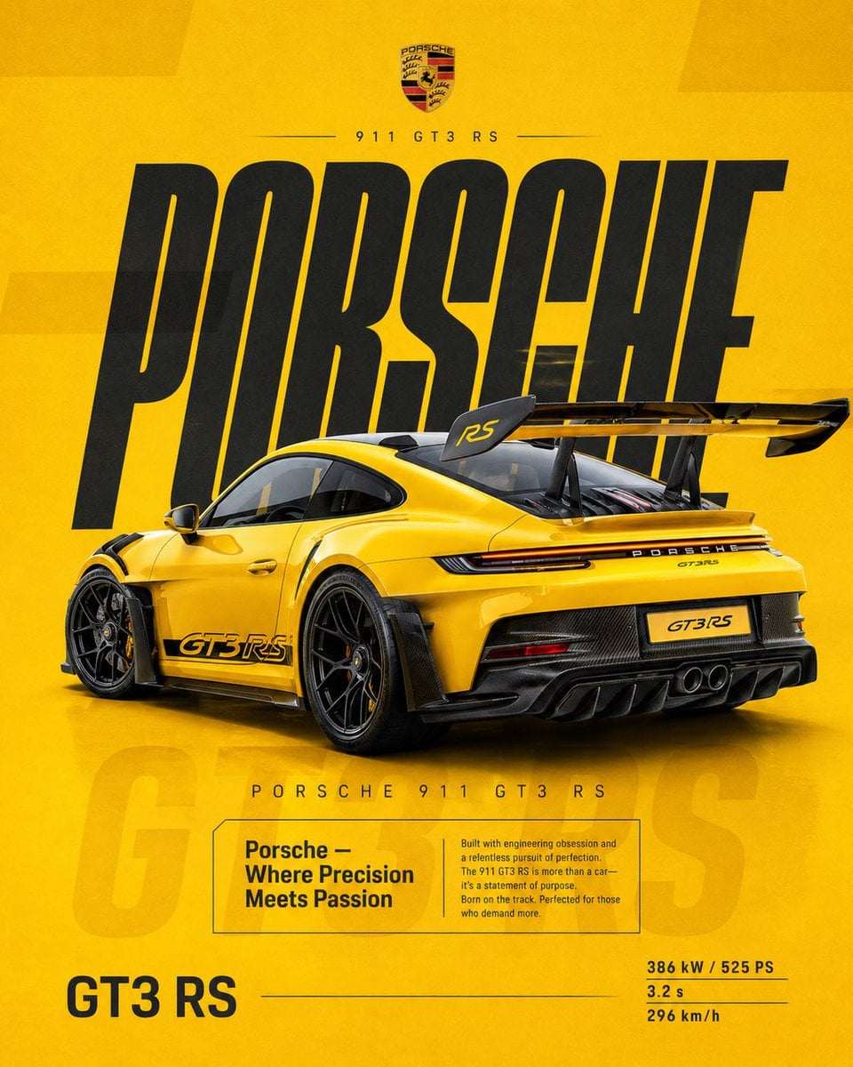 Porsche 911 GT3 RS Yellow Poster Precision Engineering Passion