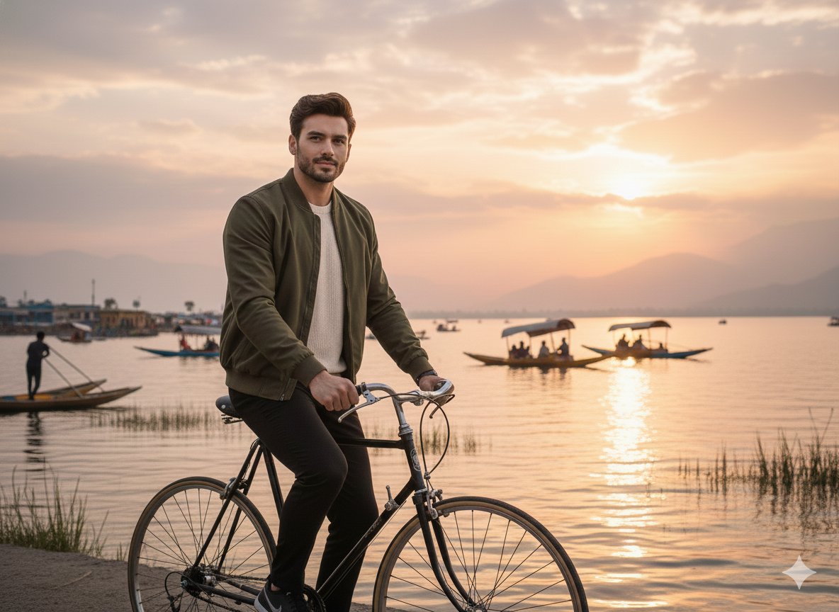 ダル湖夕日サイクリングの映画風トラベル写真