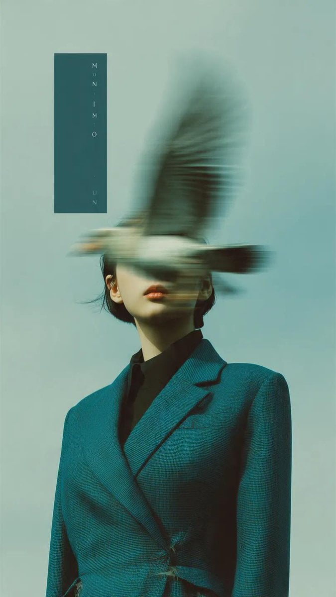 Retrato surreal de blazer verde e pássaro em movimento