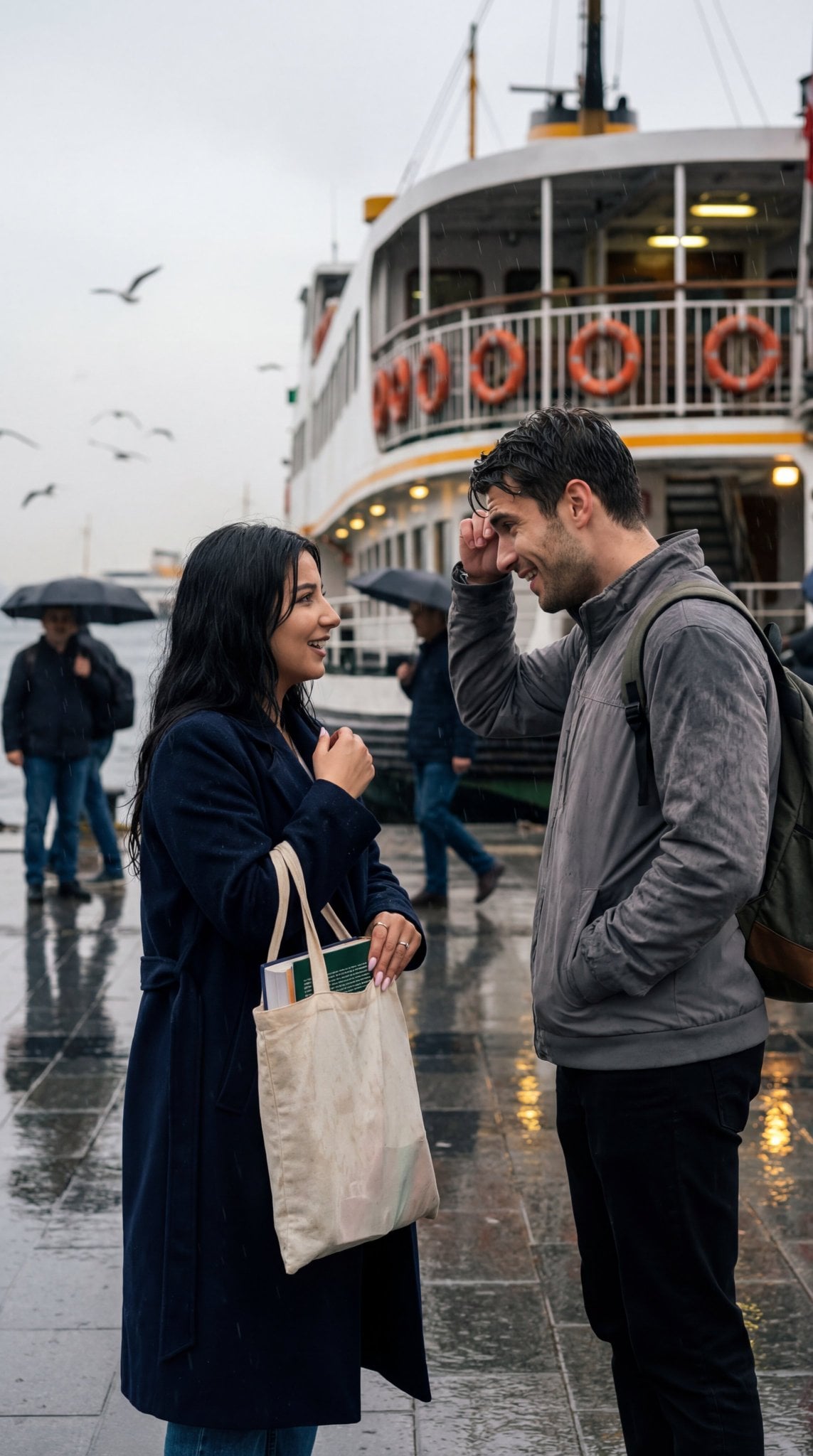 Rainy Istanbul Ferry Reunion Candid Photo Prompt