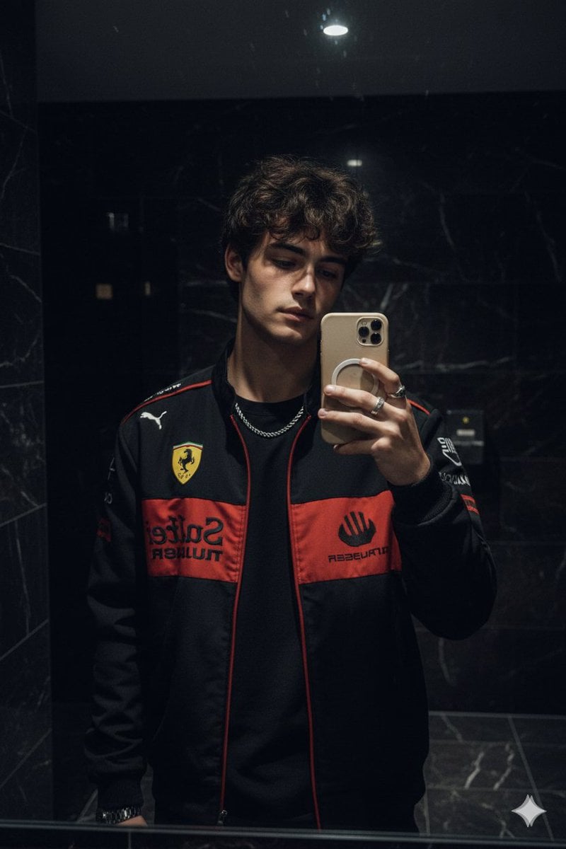 صورة سيلفي أمام المرآة بأجواء قاتمة وسترة سباق من Ferrari