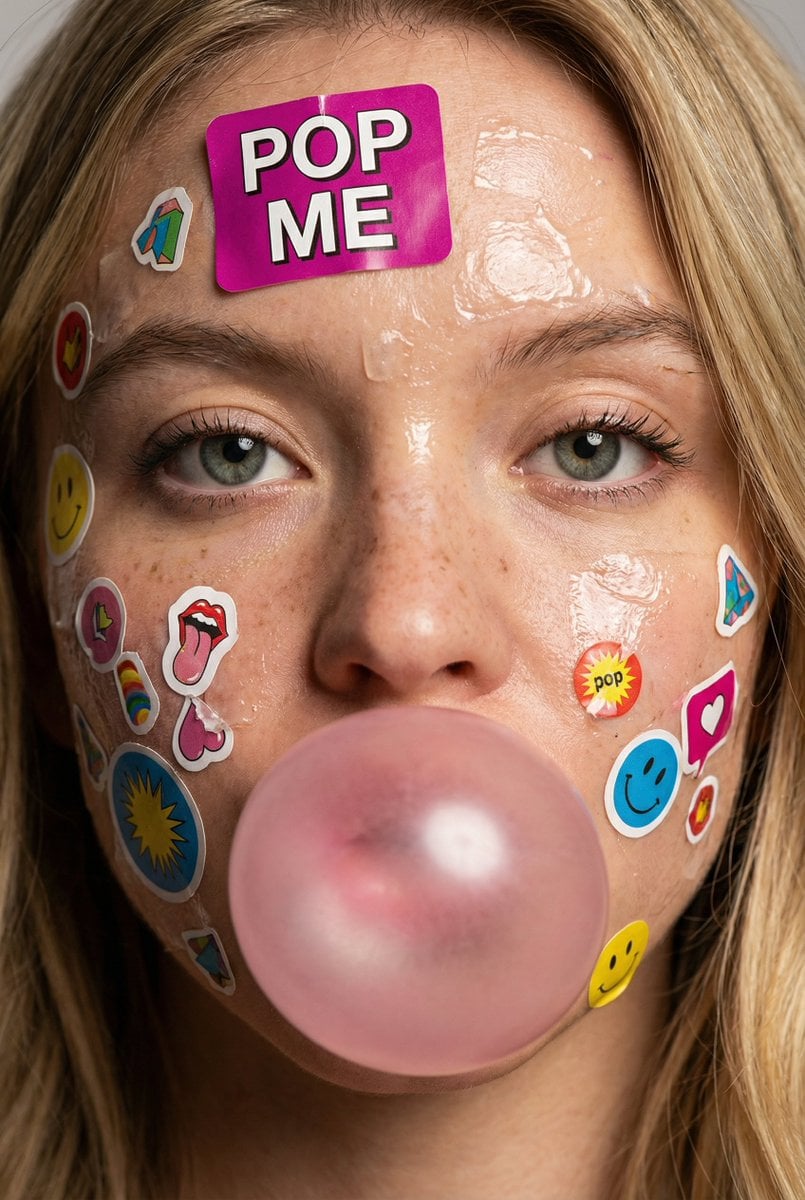 Sticker-Gesicht Kaugummi-Porträt Nahaufnahme