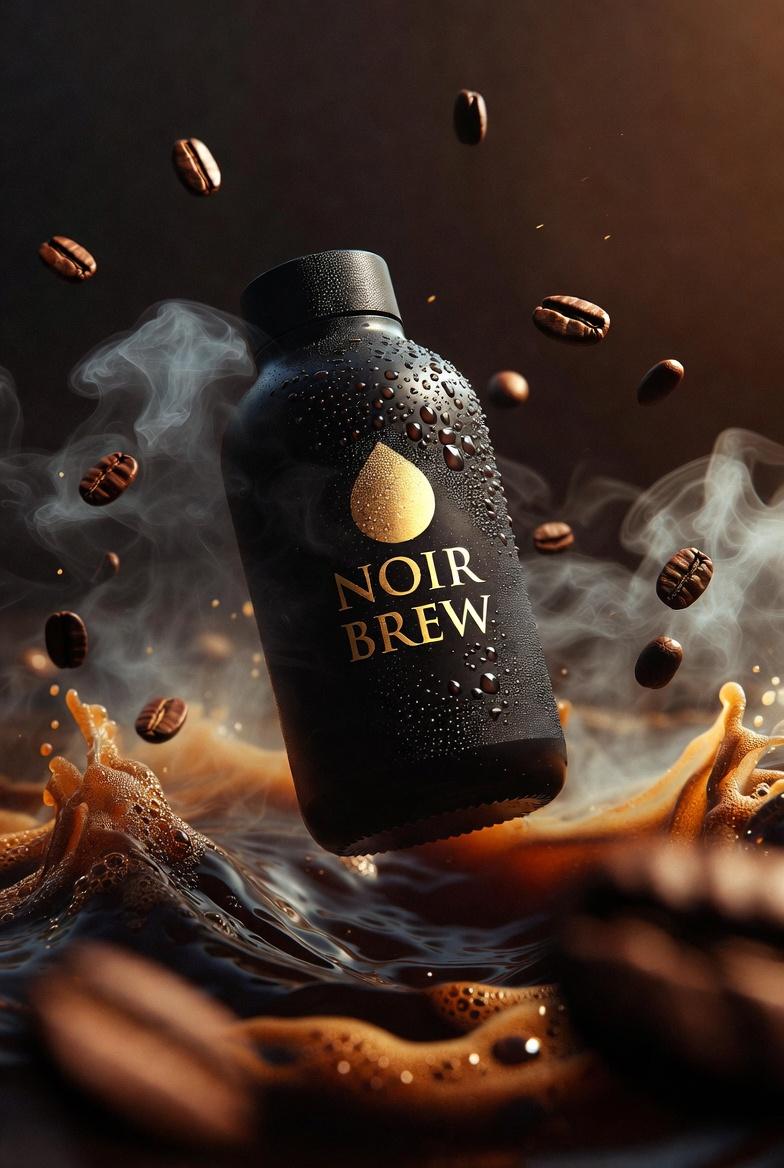 زجاجة قهوة Noir Brew – صورة سينمائية فاخرة بالذكاء الاصطناعي