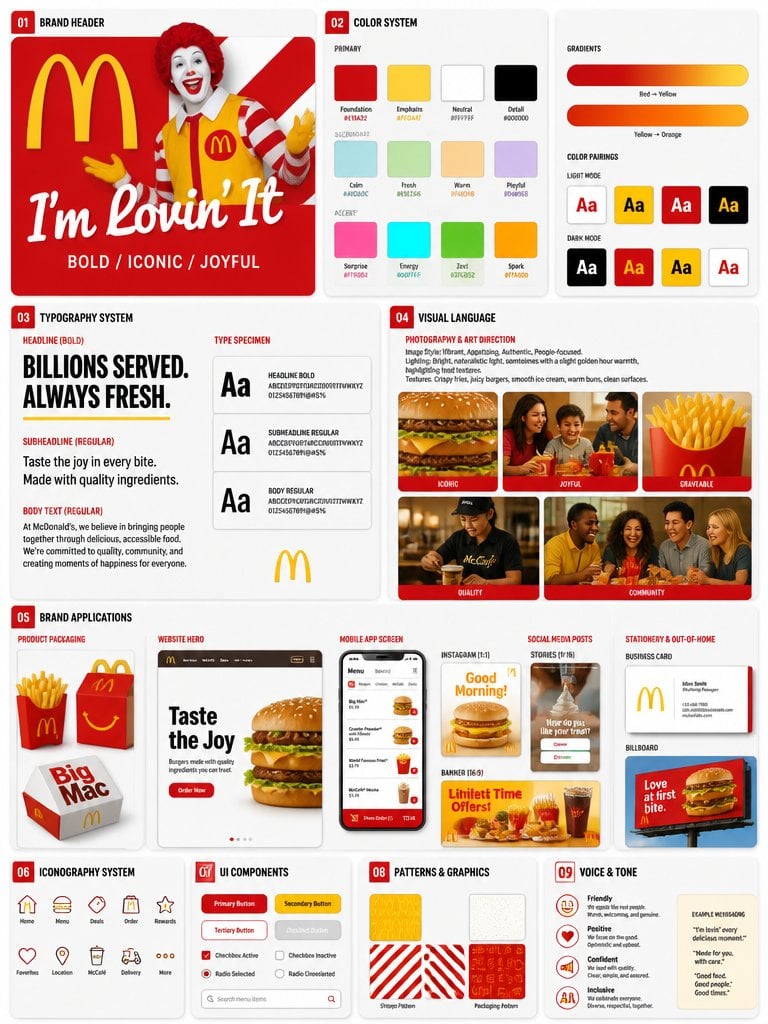 Markenidentitäts- und UI/UX-Designsystem-Styleguide für Fast Food | 9 Teile