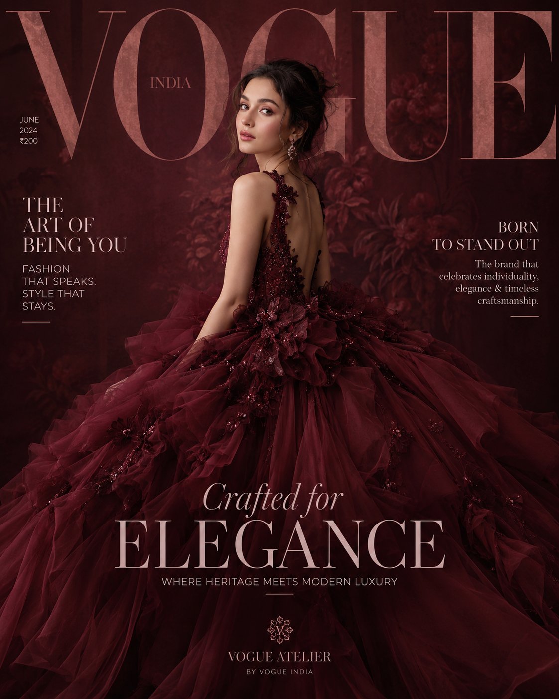 Portada de Revista de Alta Costura: Vestido Granate Elegante y Estilo Vogue