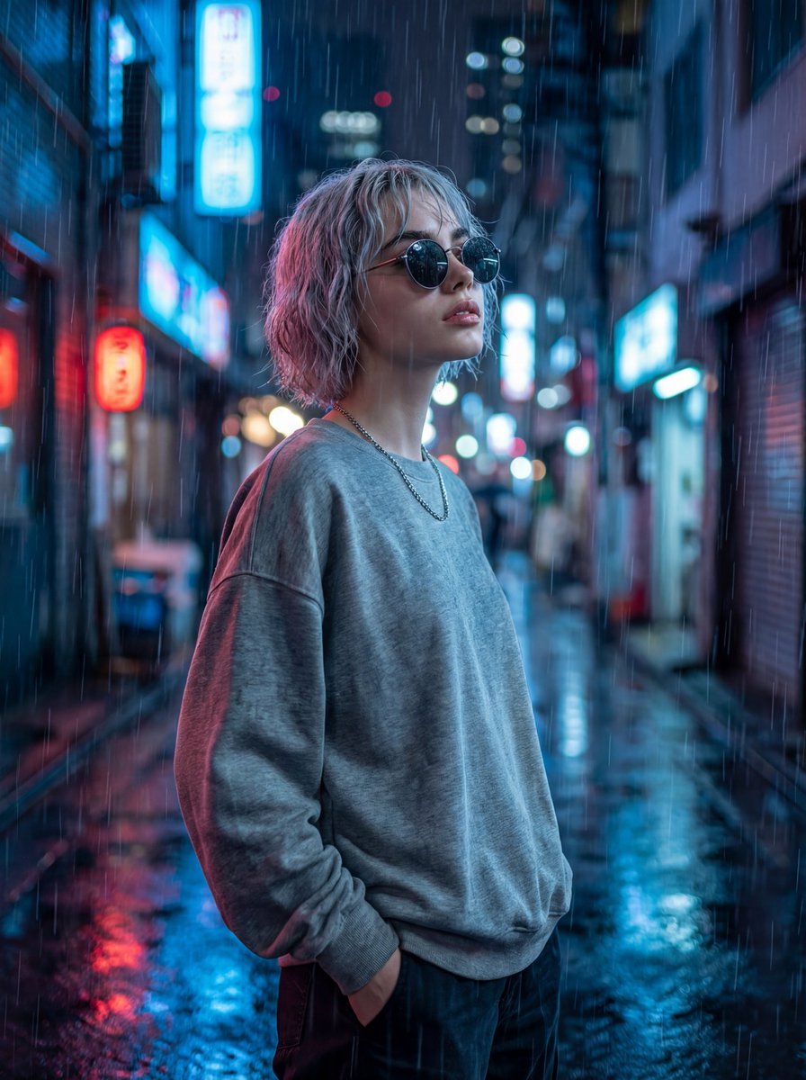 Retrato cinematográfico en callejón lluvioso con reflejos neón