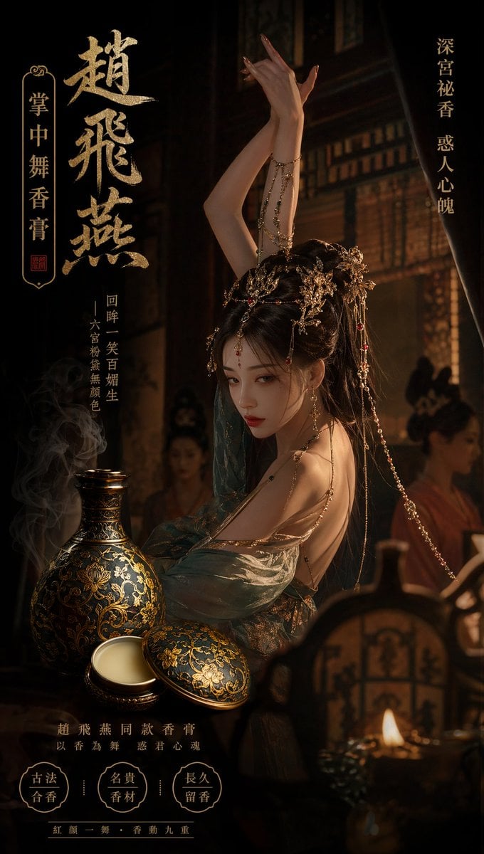 Zhao Feiyan Inspired Palm Dance Perfume Balm Ad with Gold-Inlaid Bronze Vase Deep Palace Atmosphere