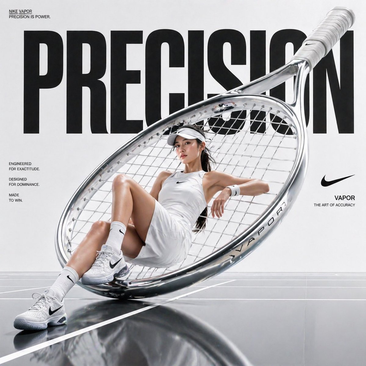 Avant-Garde Sports Fashion Advertisement Featuring Oversized Tennis Racket