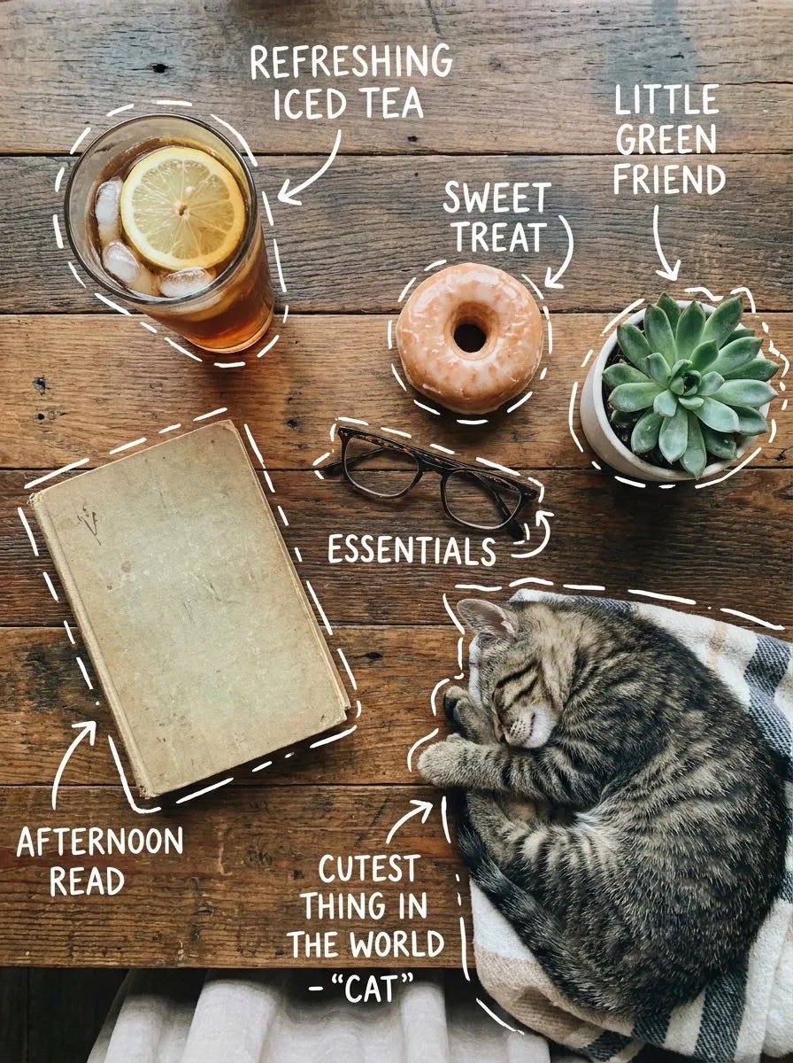 Gemütliches Flatlay mit Eistee, Donut und schlafender Katze auf rustikalem Tisch