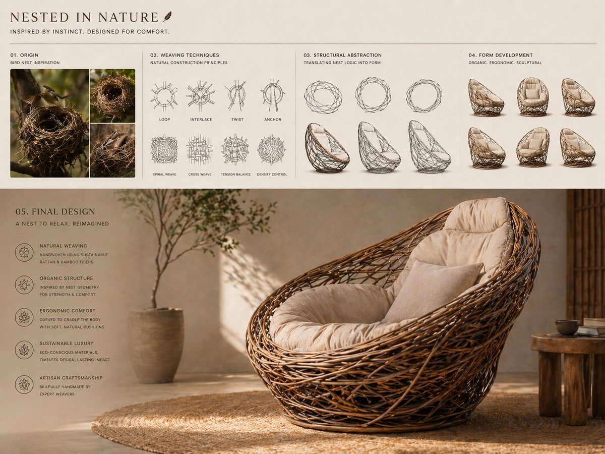 Vogelnest-inspirierter Loungesessel Designprozess