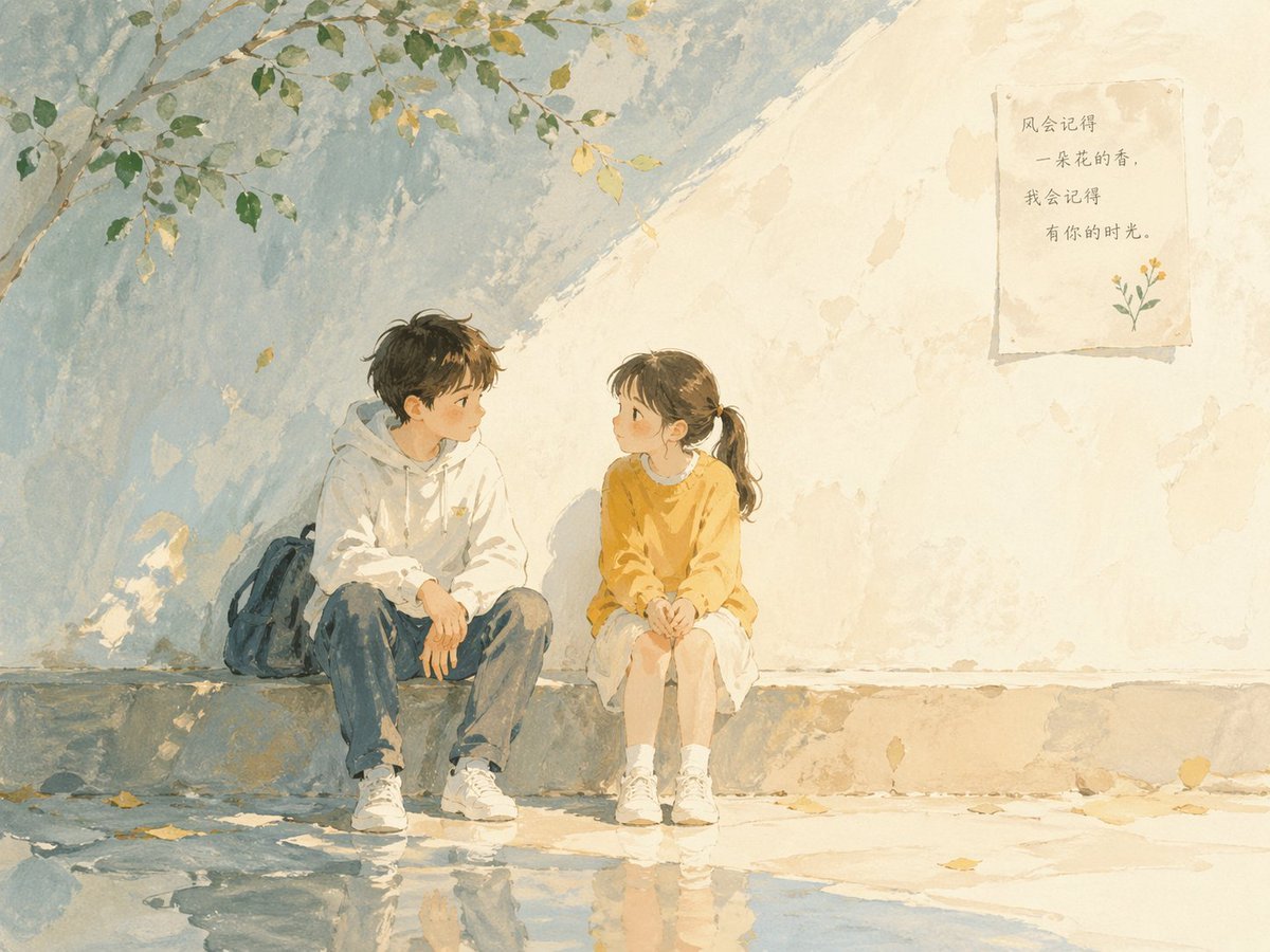 Poetische Aquarell-Kinderbuchillustration - Zwei Kinder im ruhigen Gespräch
