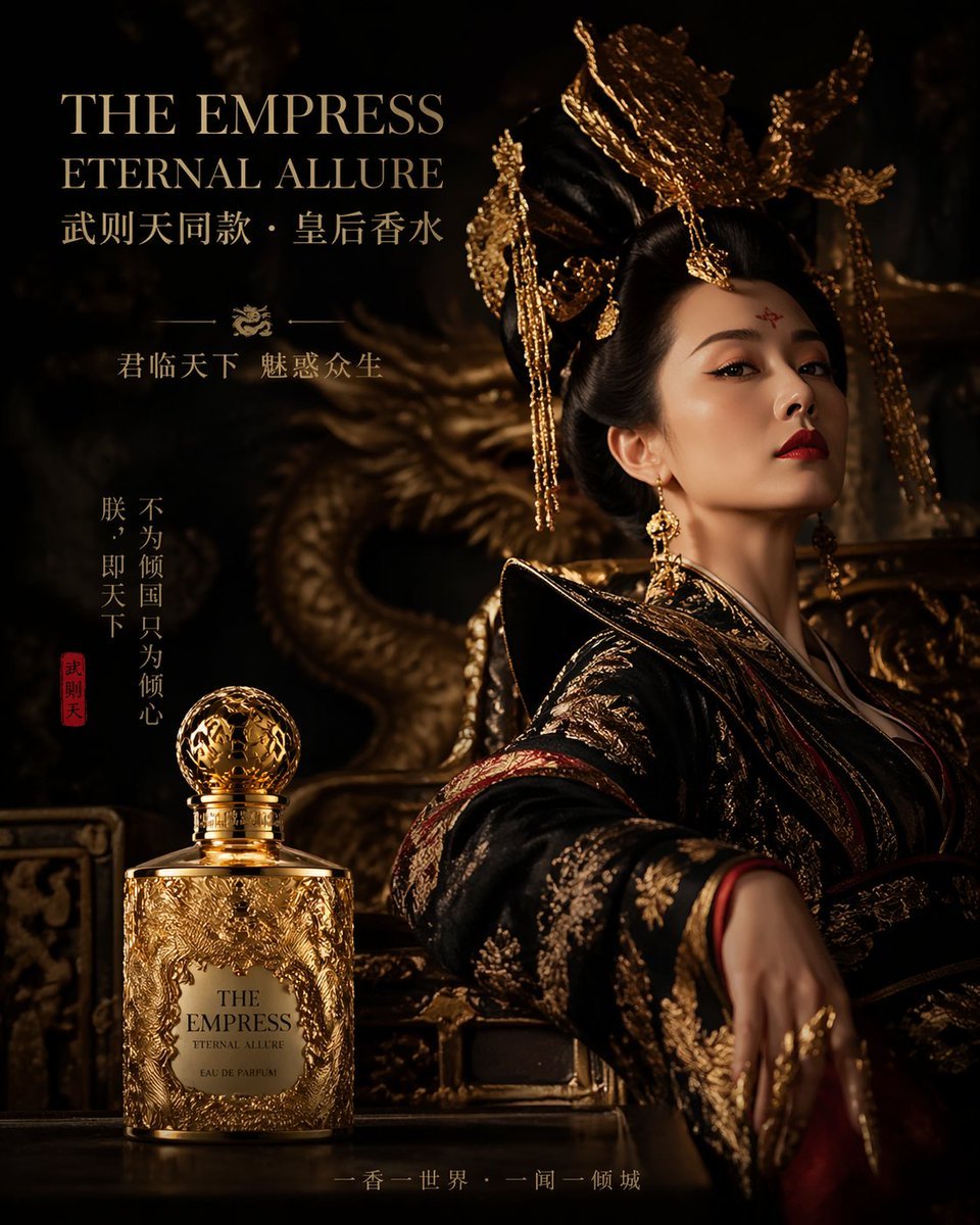Wu Zetian Perfume Ad with Dragon Gold Bottle in Dark Court Atmosphere