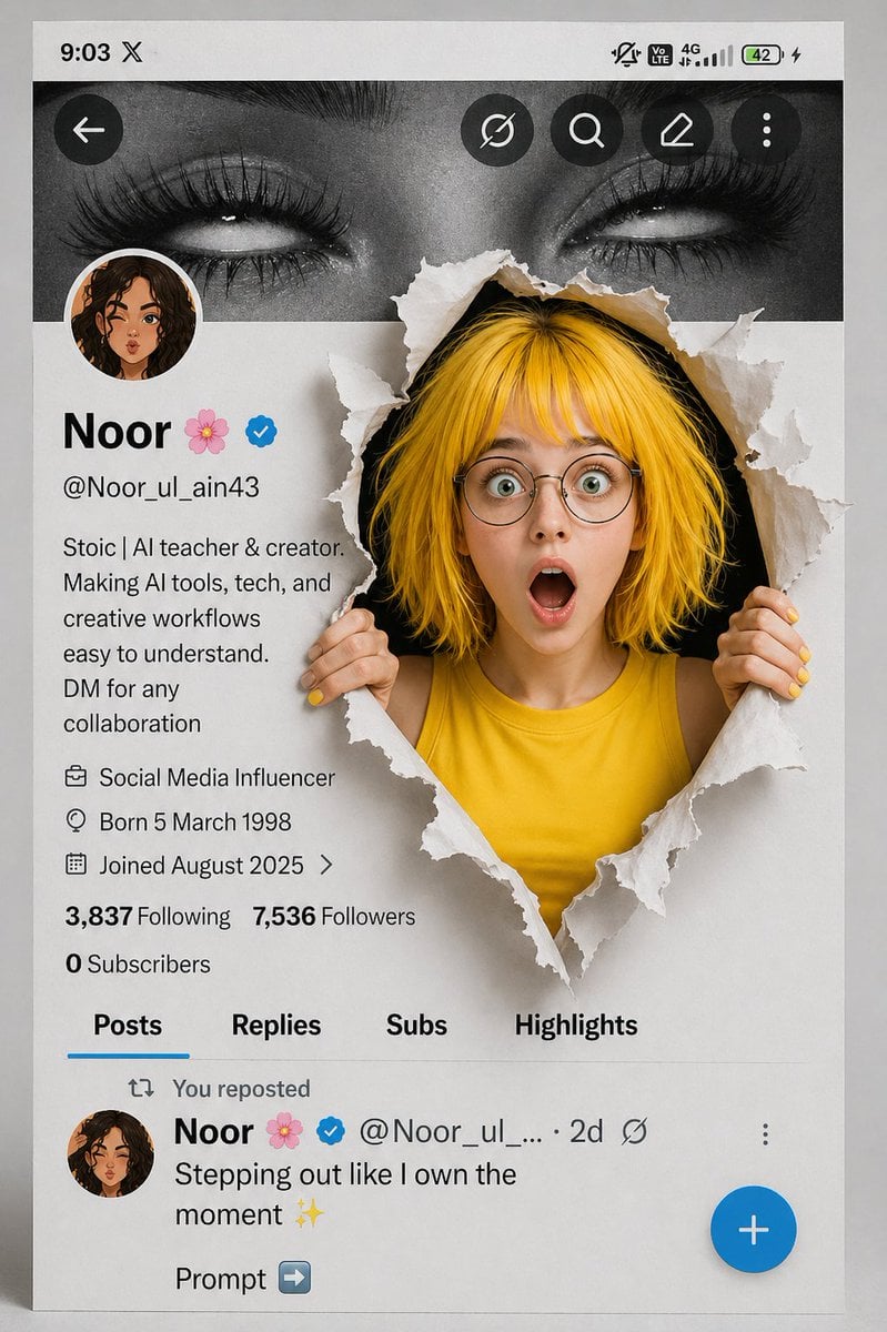 Surreal 3D Social Media Profile with Torn Paper Effect and Surprised Woman