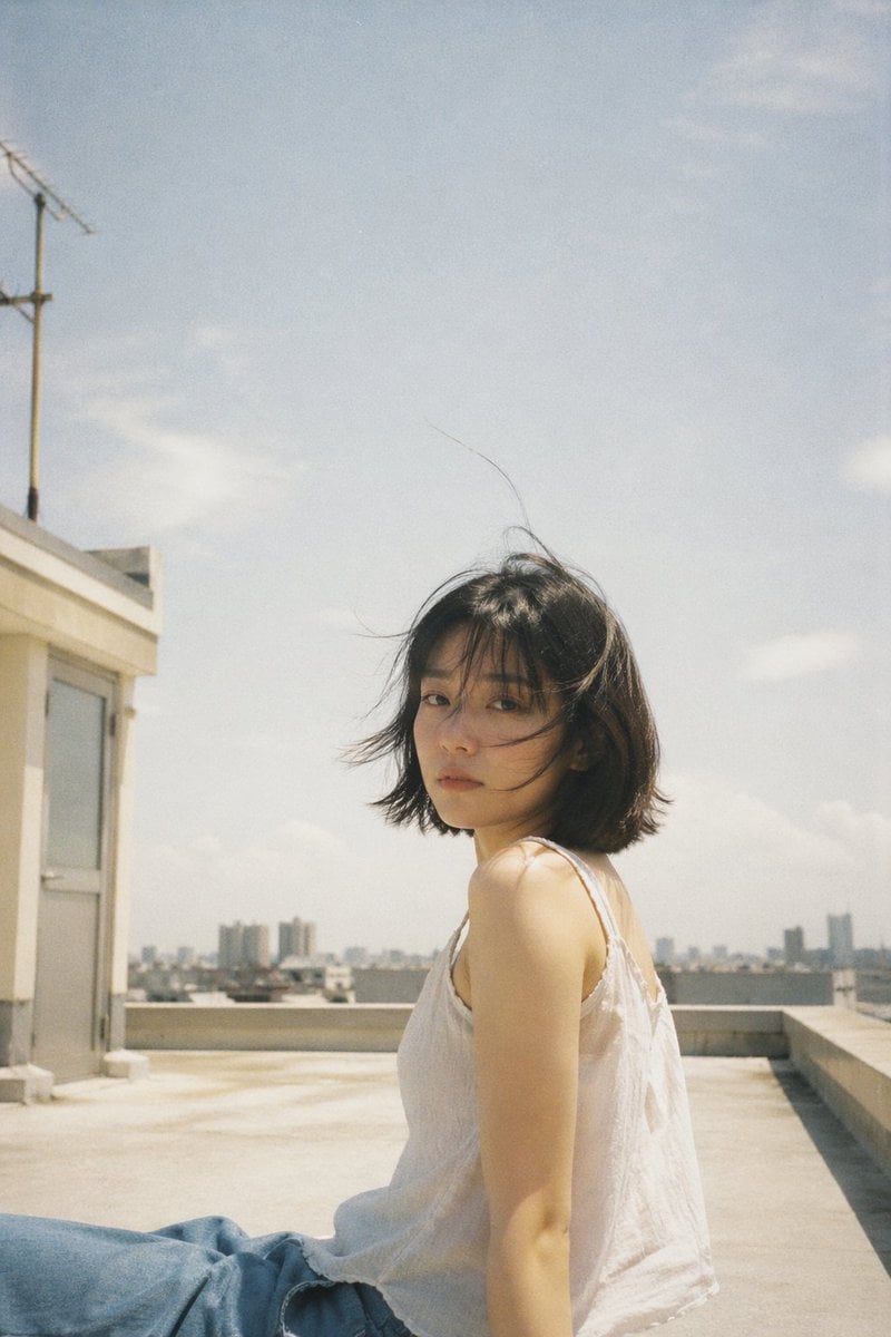 Japanische Negativfilm-Ästhetik Dachterrasse Sommer Szene