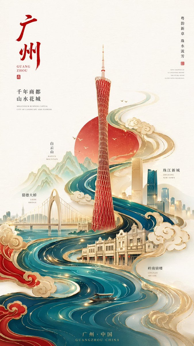 Neochinesisches Minimalistisches Guangzhou Stadtplakat mit Kanton-Turm und Perlfluss 8K