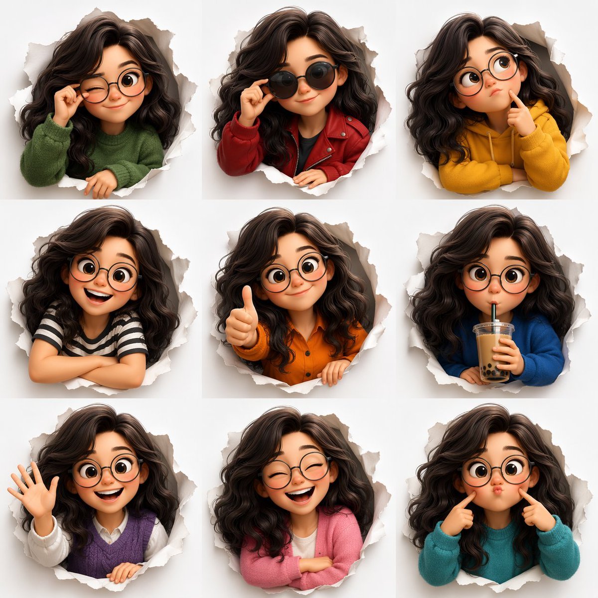 3D-Pixar-Avatar-Ausdrucksblatt mit 9 Emotionen und Outfits