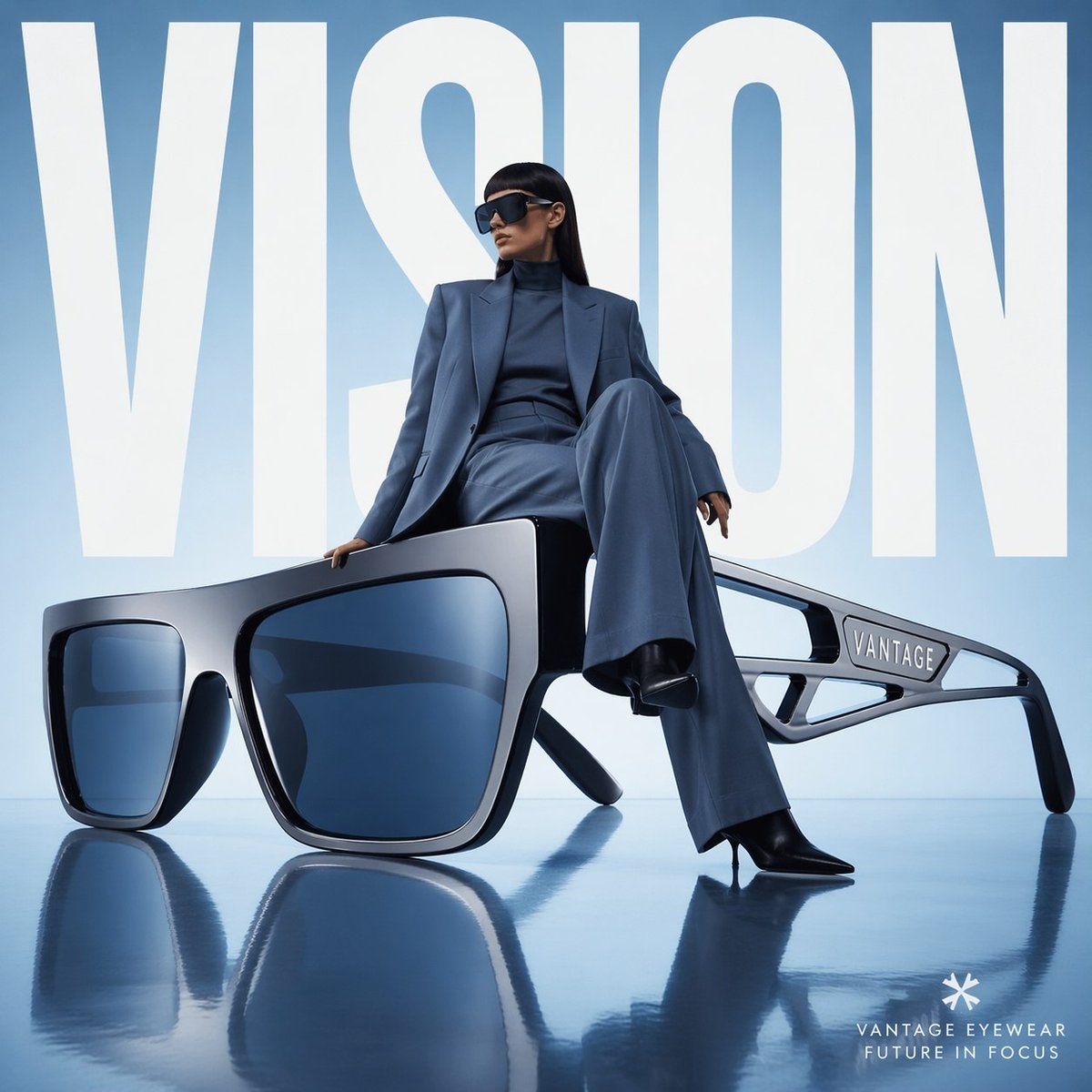 Avant-Garde Fashion Ad with Oversized Futuristic Sunglasses