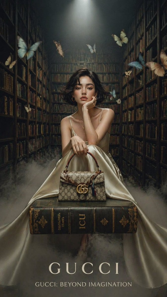 Éditorial de Mode Luxe dans une Bibliothèque Vintage avec Papillons Lumineux