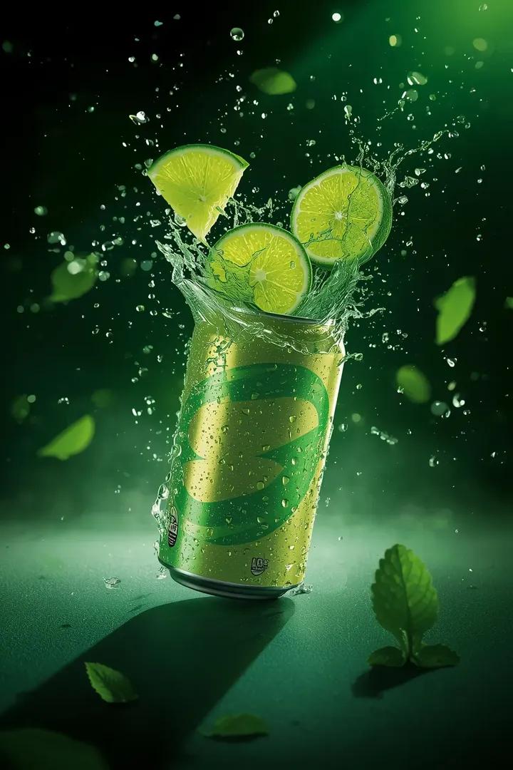 Sparkling Lime Soda Cinematic Advertising Hero Shot with Exploding Citrus