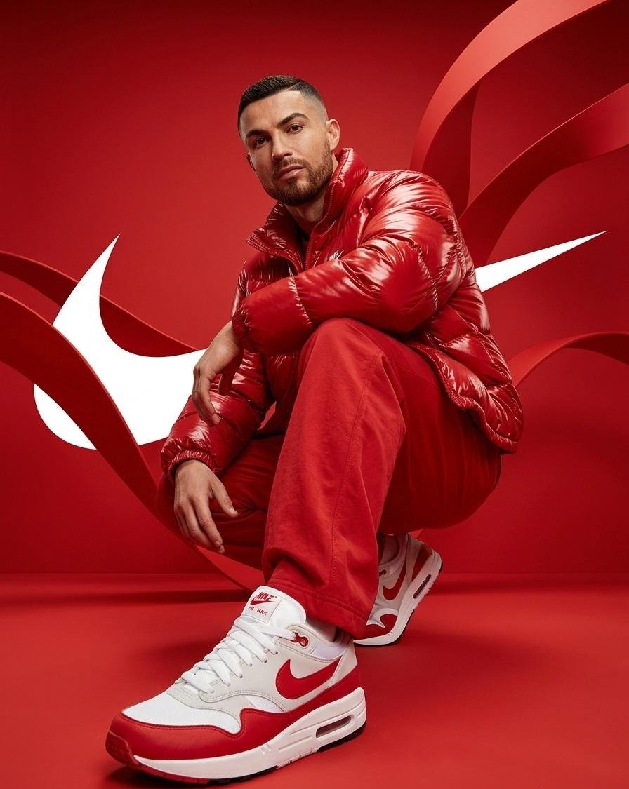 Rote Daunenjacke und Nike-Sneaker: Streetwear-Kampagne mit Fade-Haarschnitt