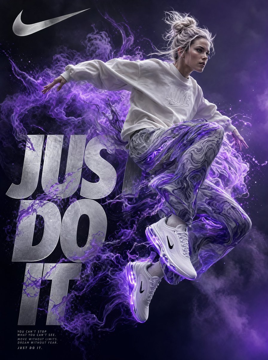 Nike-inspirierte surreale digitale Kunst: Sportlerin mit violetter Energie