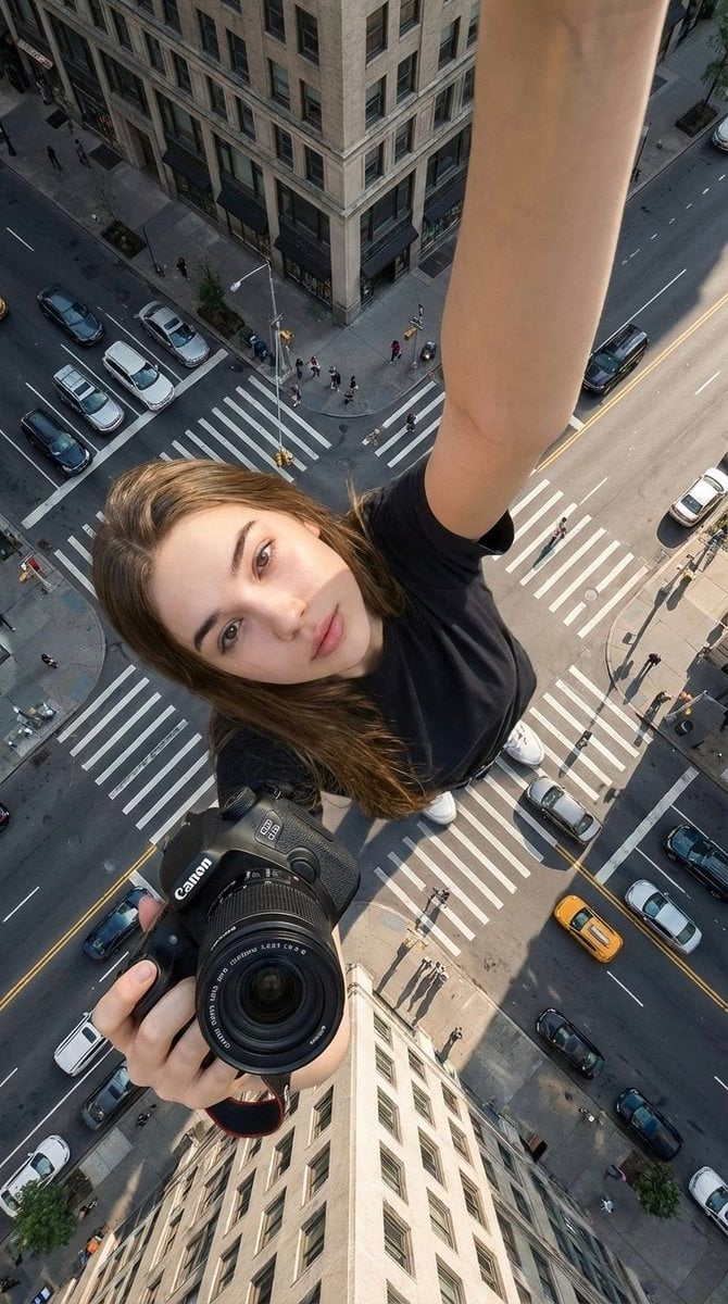 Hyperrealistisches Ganzkörper-Selfie Frau mit Canon Kamera