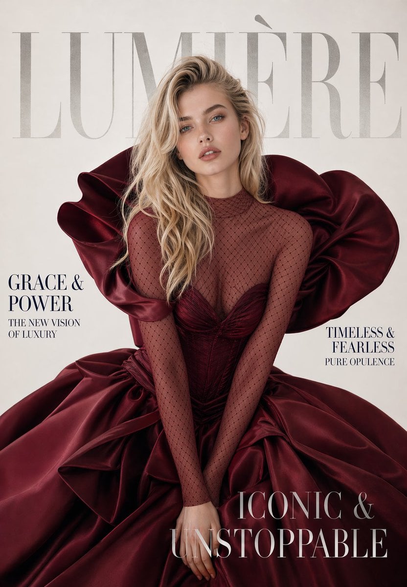 Couverture magazine Lumiere avec blonde platine en robe de bal bordeaux