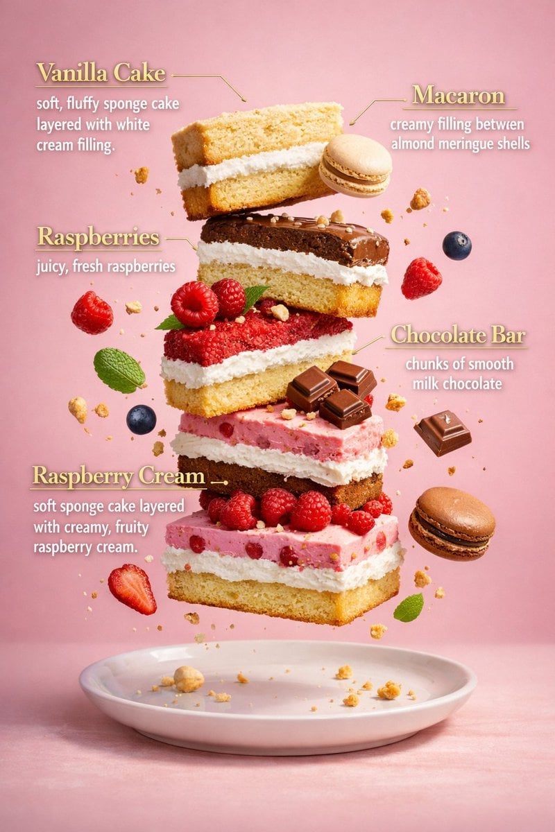 Schwebende Schichtkuchenstücke mit goldenen Infografik-Overlays