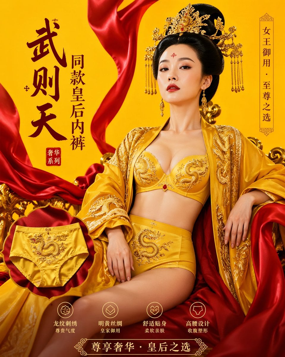 Wu Zetian Empress Lingerie in Imperial Yellow with Dragon Embroidery