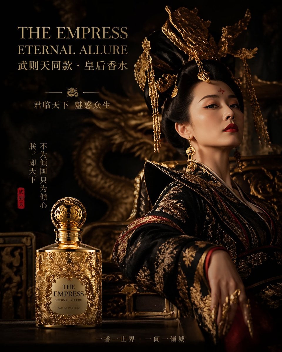Wu Zetian Empress Perfume Ad with Golden Dragon Bottle