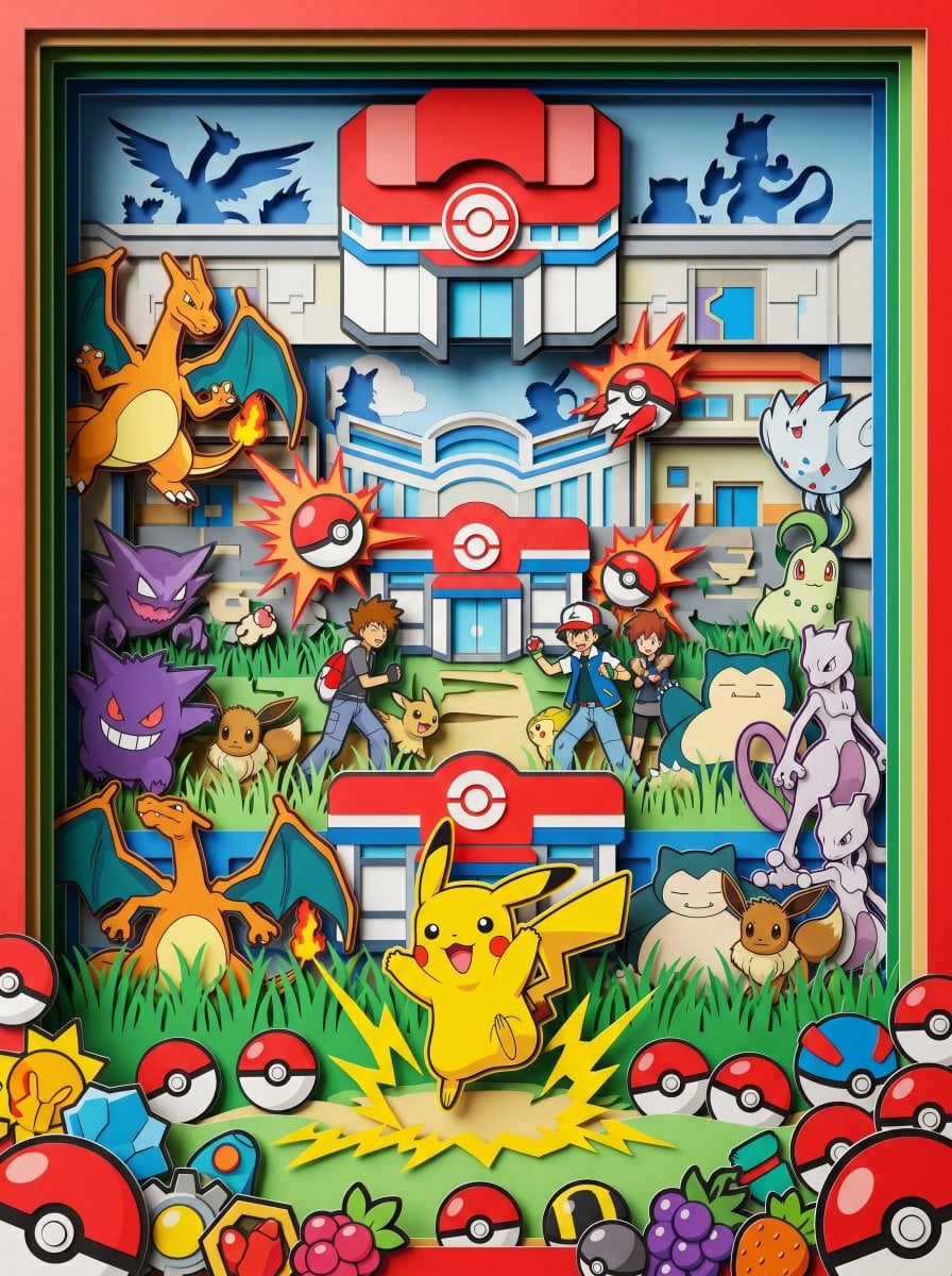 Vibrantes Geschichtetes Pokemon Papier-Cutout Diorama mit Pikachu