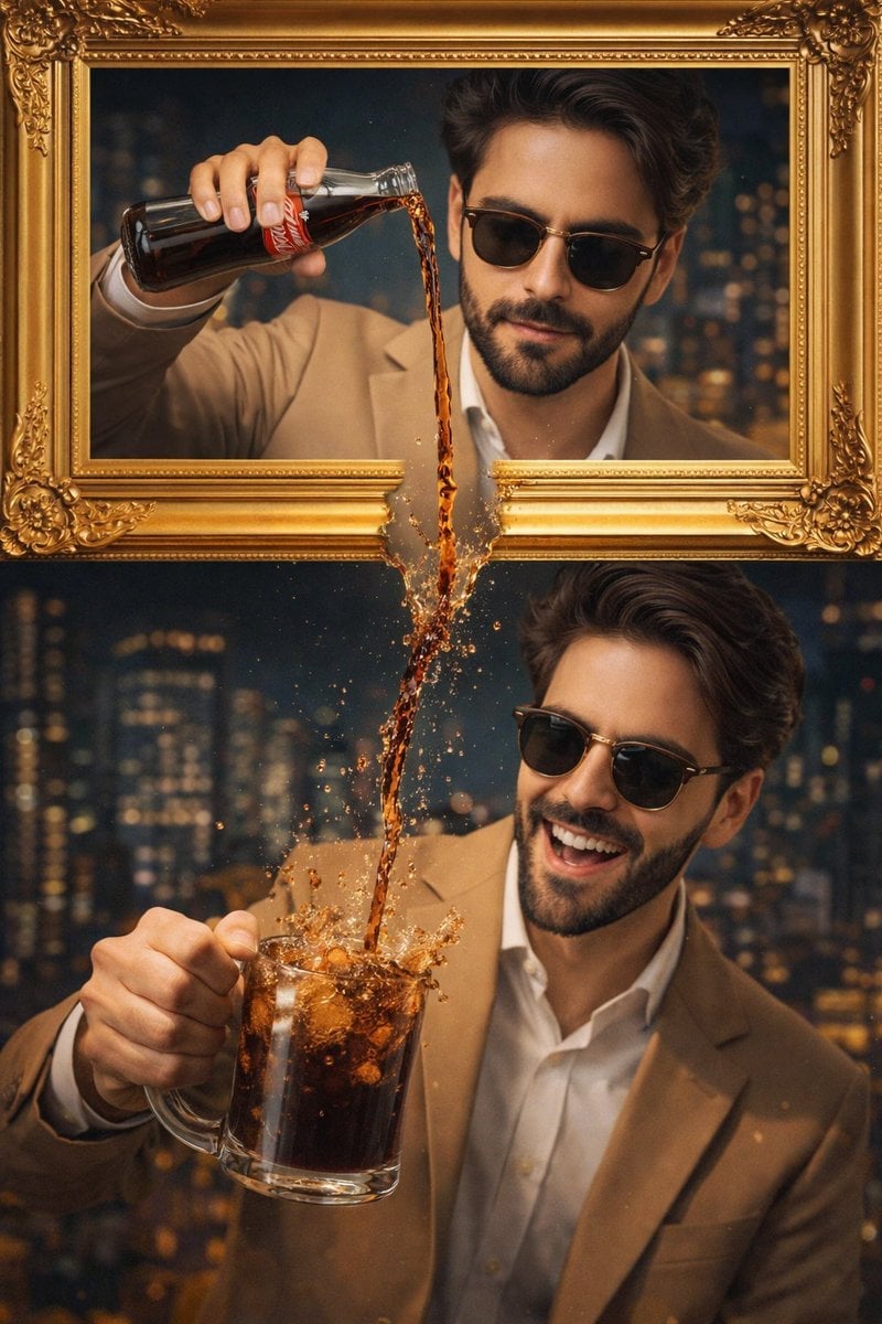Hombre elegante vertiendo Coca-Cola en marcos dorados ornamentados
