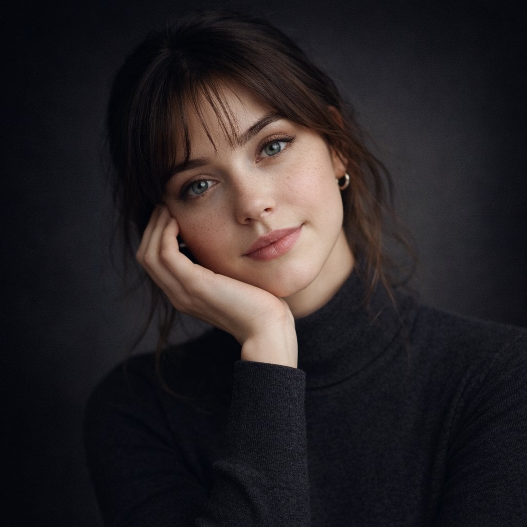Ultra Realistic Young Woman Portrait with Light Gray Blue Eyes