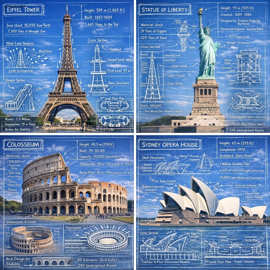 Landmark Blueprint Infographic with Technical Annotations