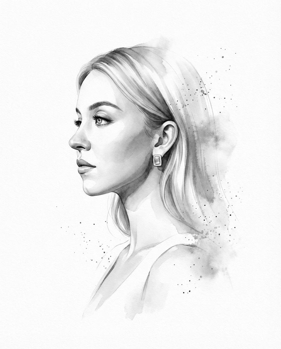 Retrato de Tinta Monocromática Perfil Lateral sobre Fondo Blanco