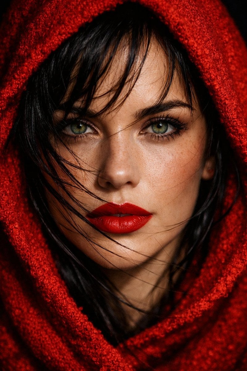 Hyper-Realistic Close-Up Portrait of Woman with Piercing Green Eyes and Red Hood
