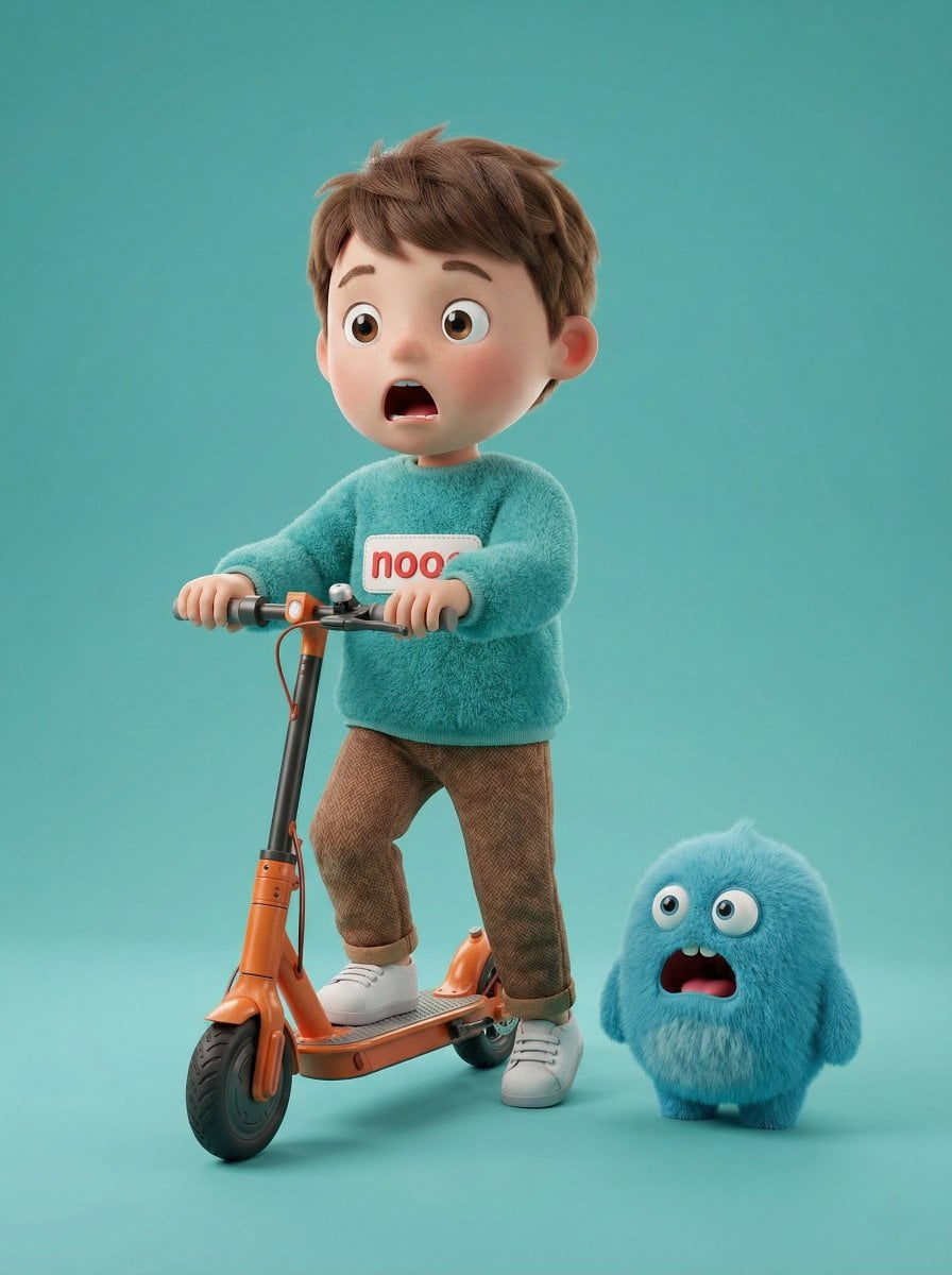 Shocked Boy on Orange Electric Scooter with Blue Monster 3D Render