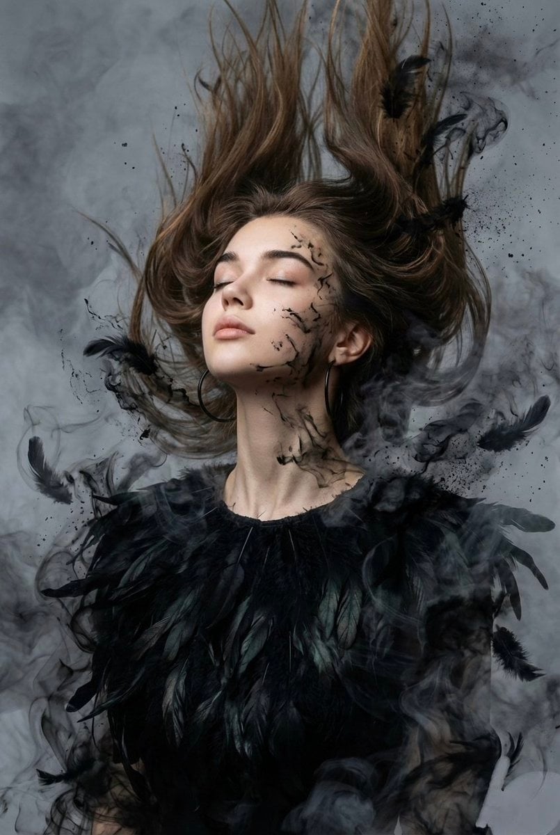 Ethereal Raven Feather Woman with Ink Smoke Dissolution